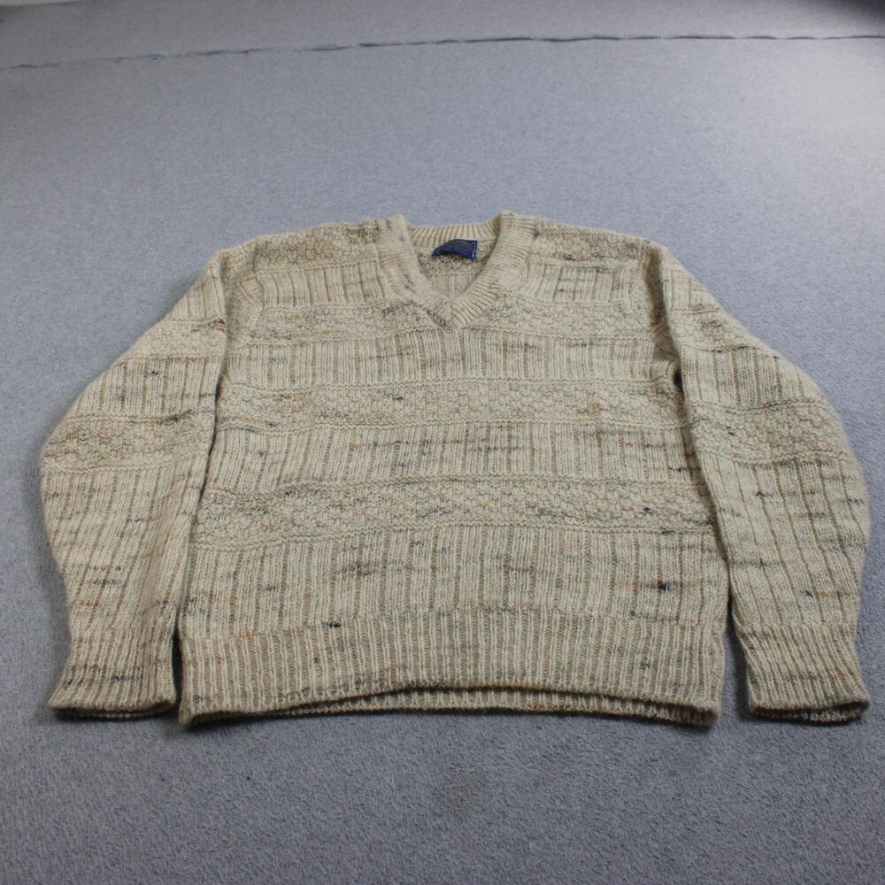 Vintage Pendleton Wool Sweater Men Medium Beige V Neck Made USA Heritage 80s 90s